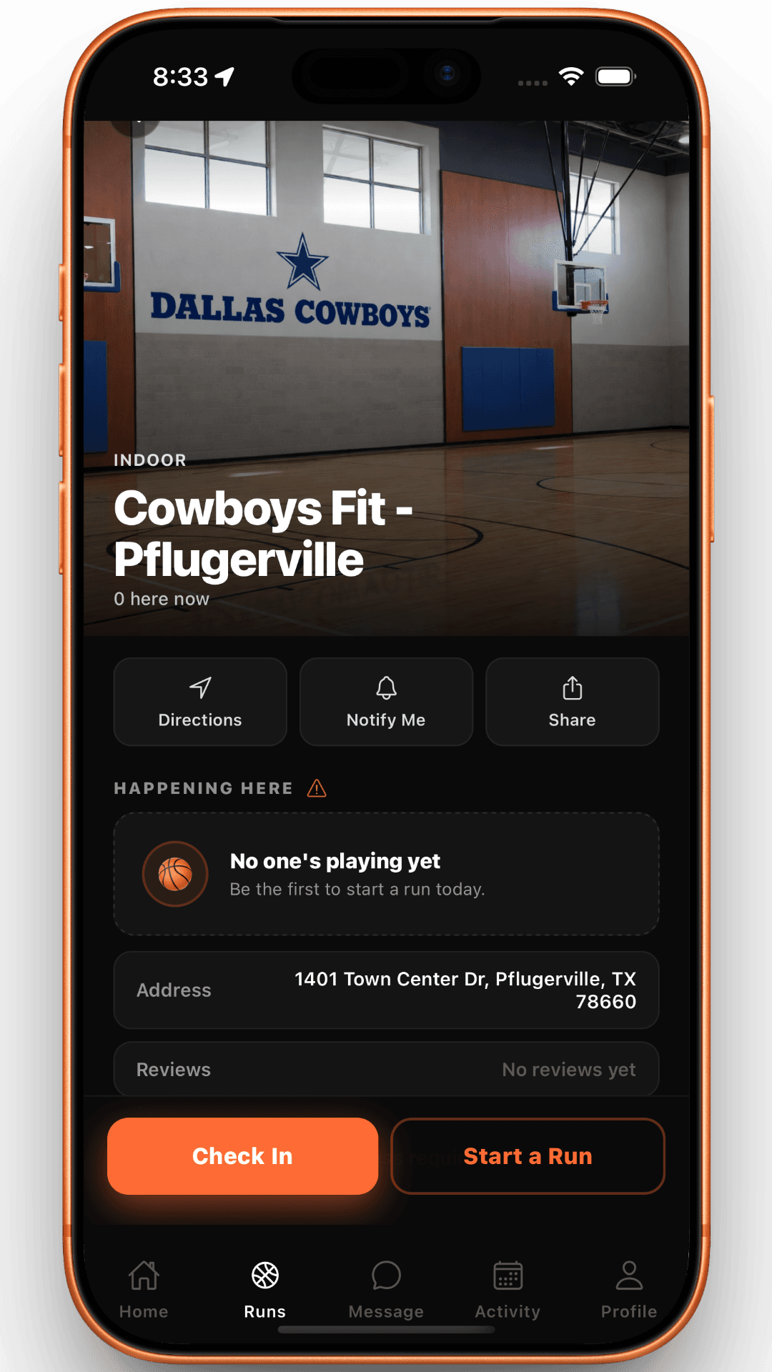 RunCheck — Court check-in screen