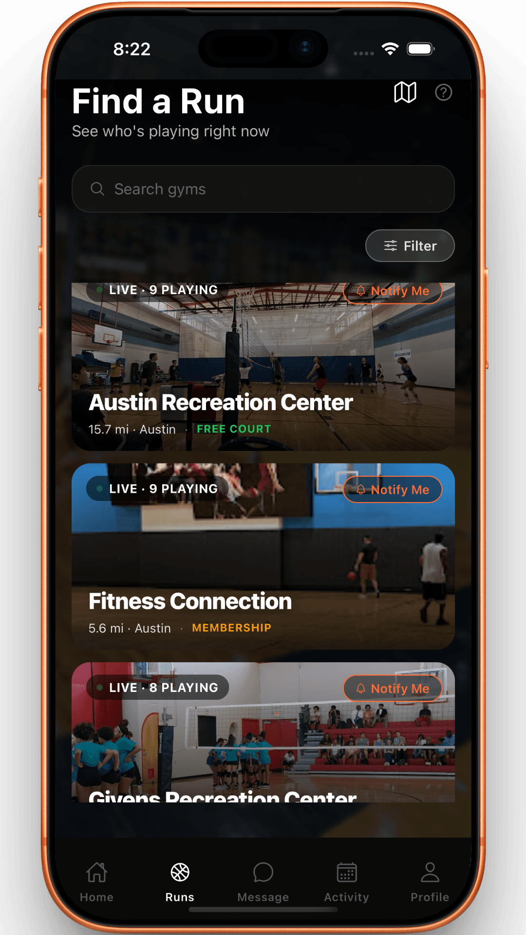 RunCheck — Find a Run screen