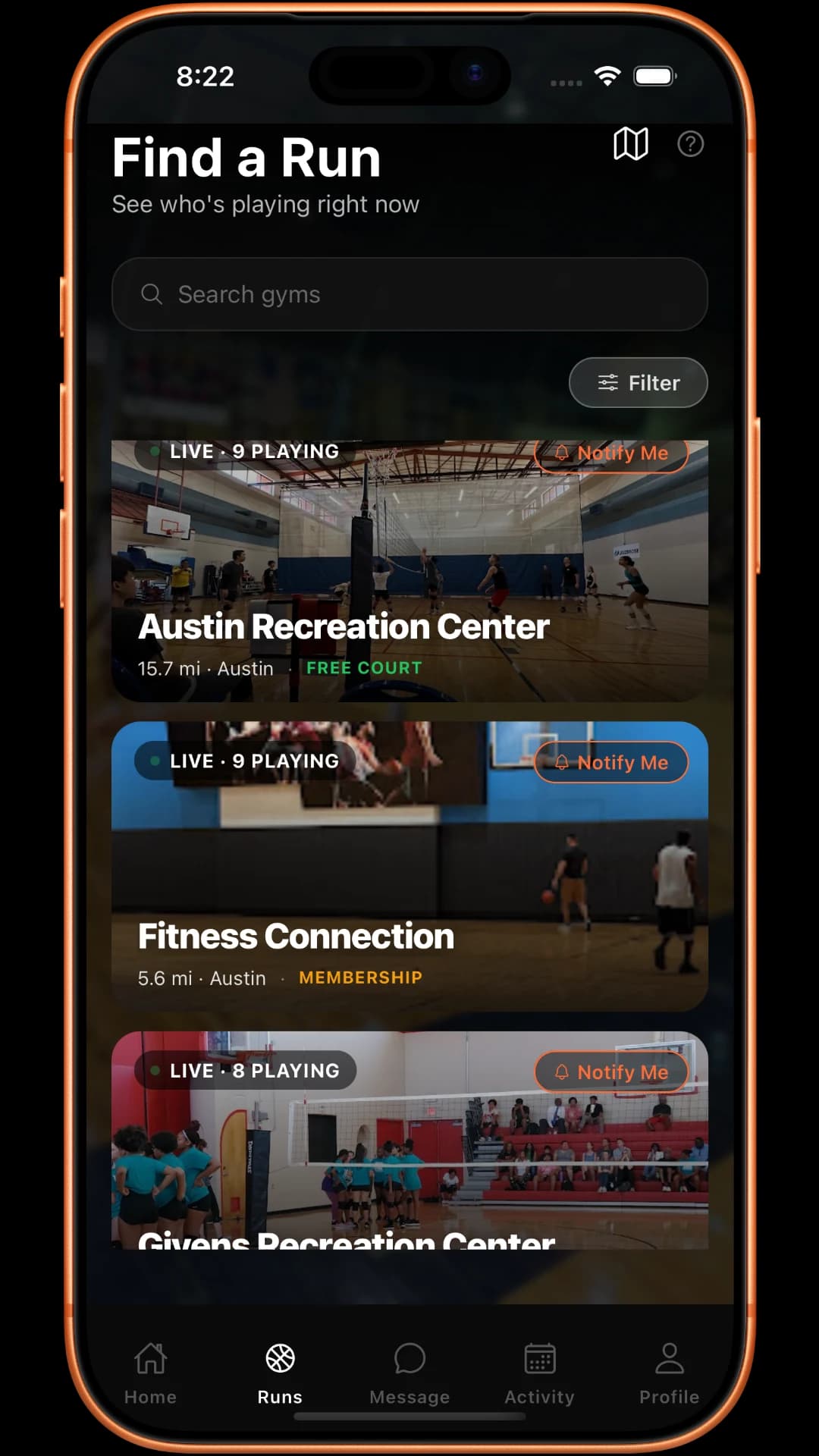 RunCheck - Find a Run screen