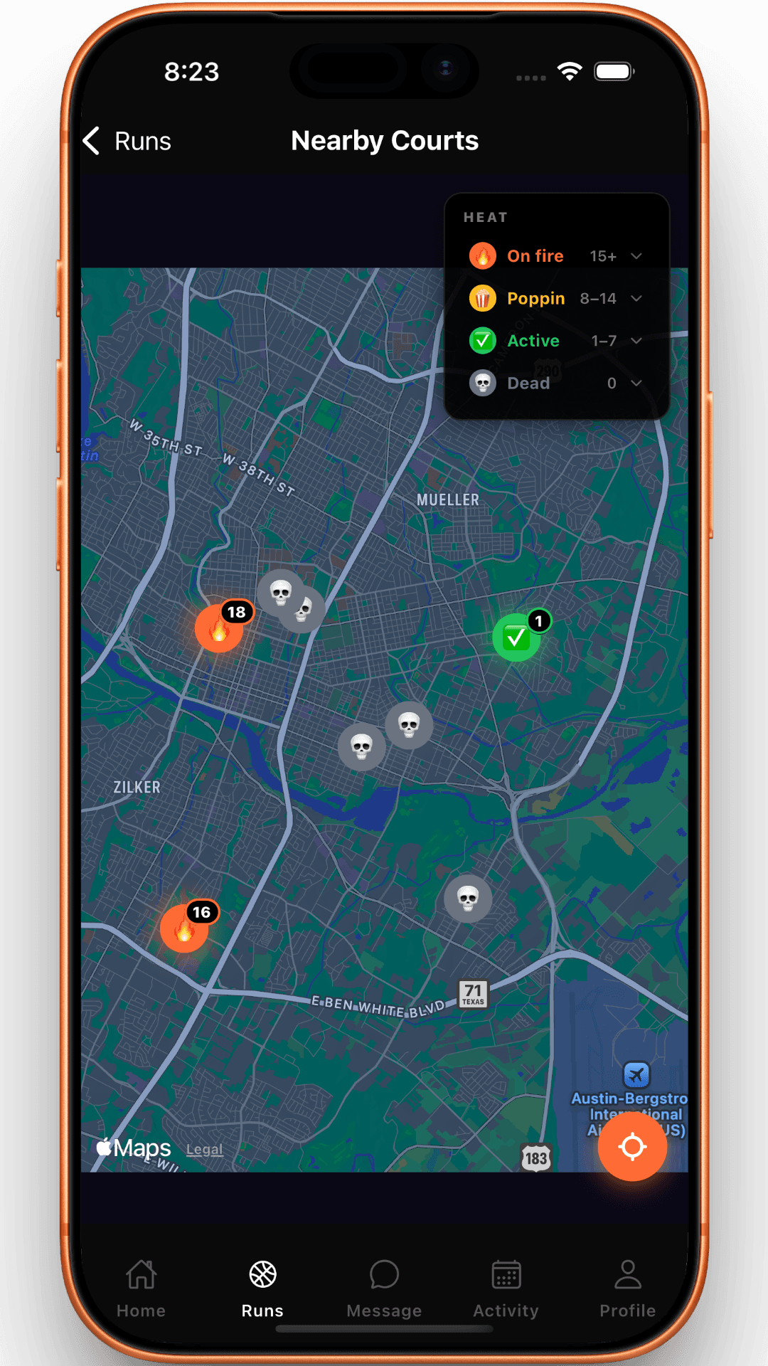 RunCheck — Nearby courts map screen