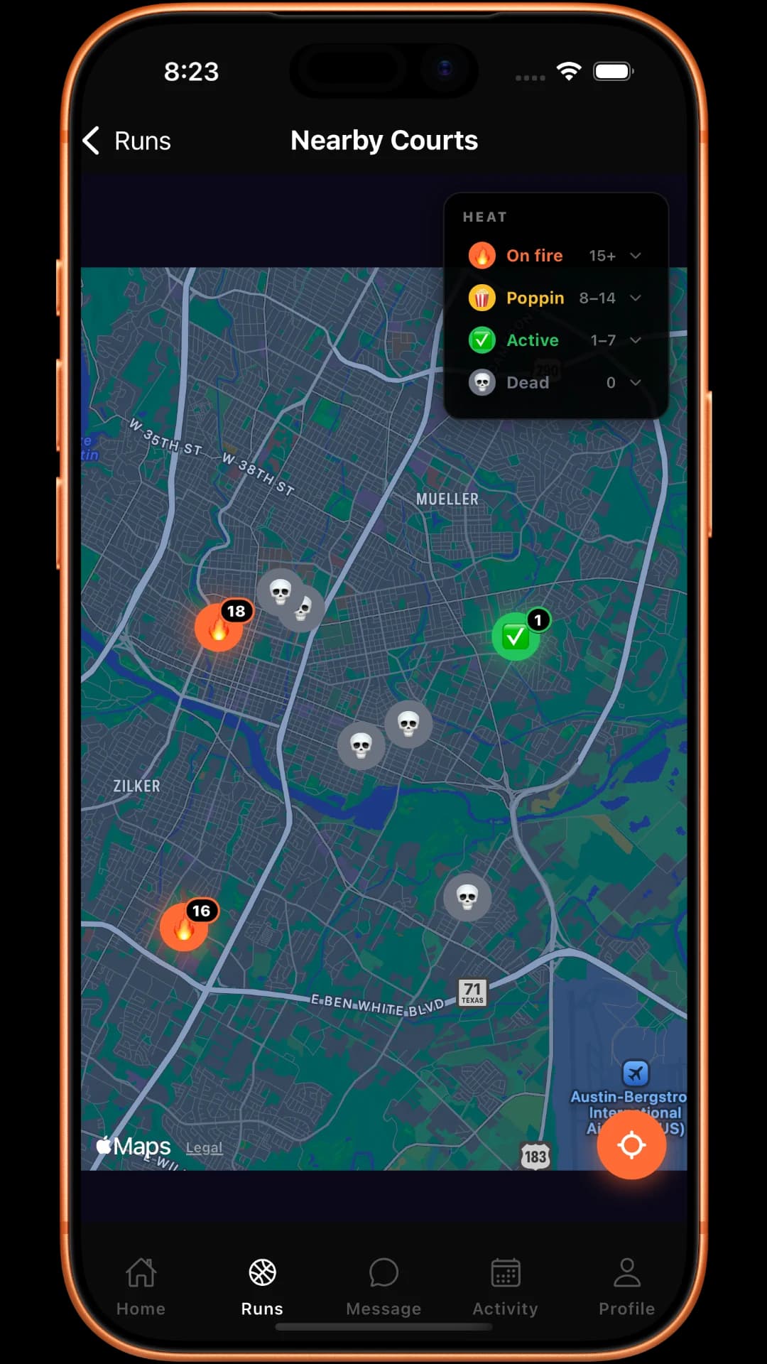 RunCheck - Nearby courts map screen