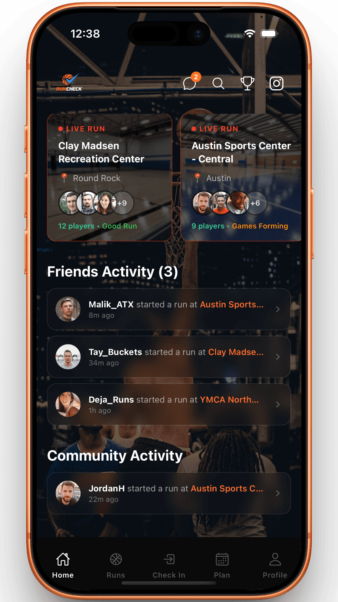 RunCheck — Activity feed screen