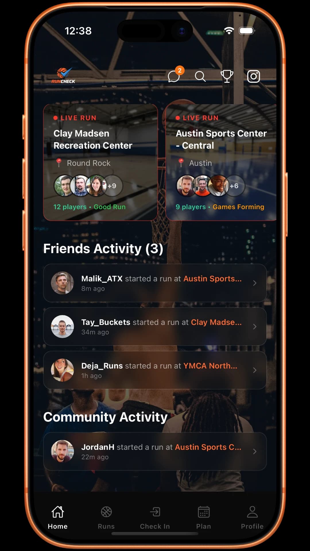 RunCheck - Activity feed screen