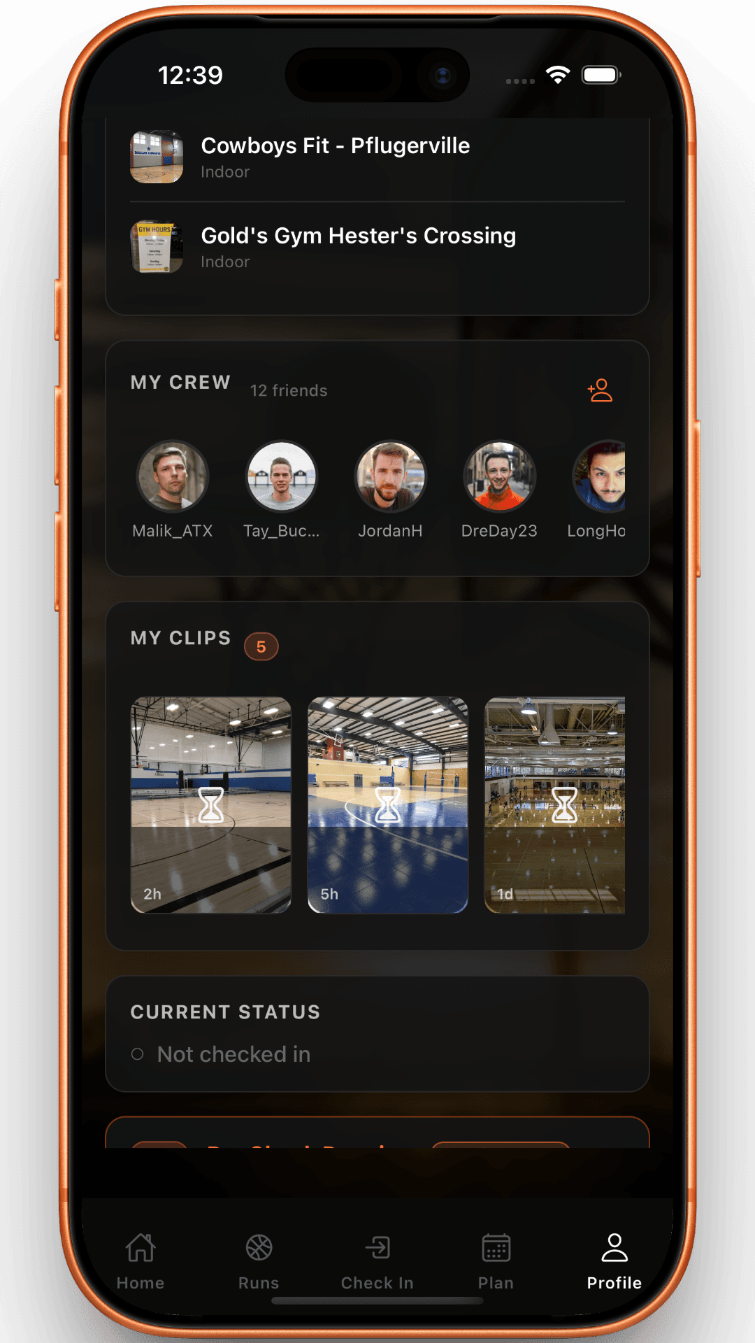RunCheck — Your crew and profile screen