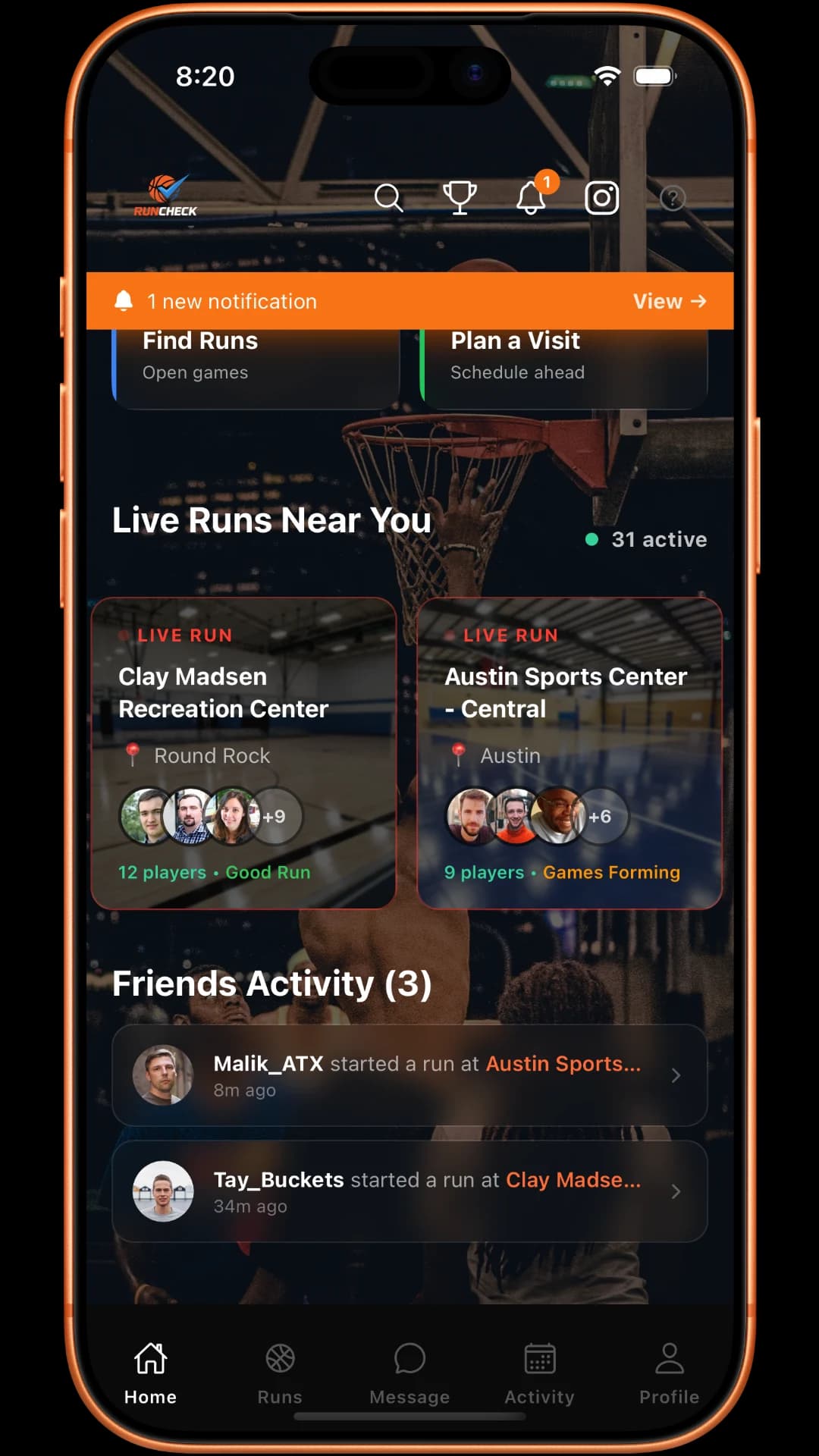 RunCheck live runs screen