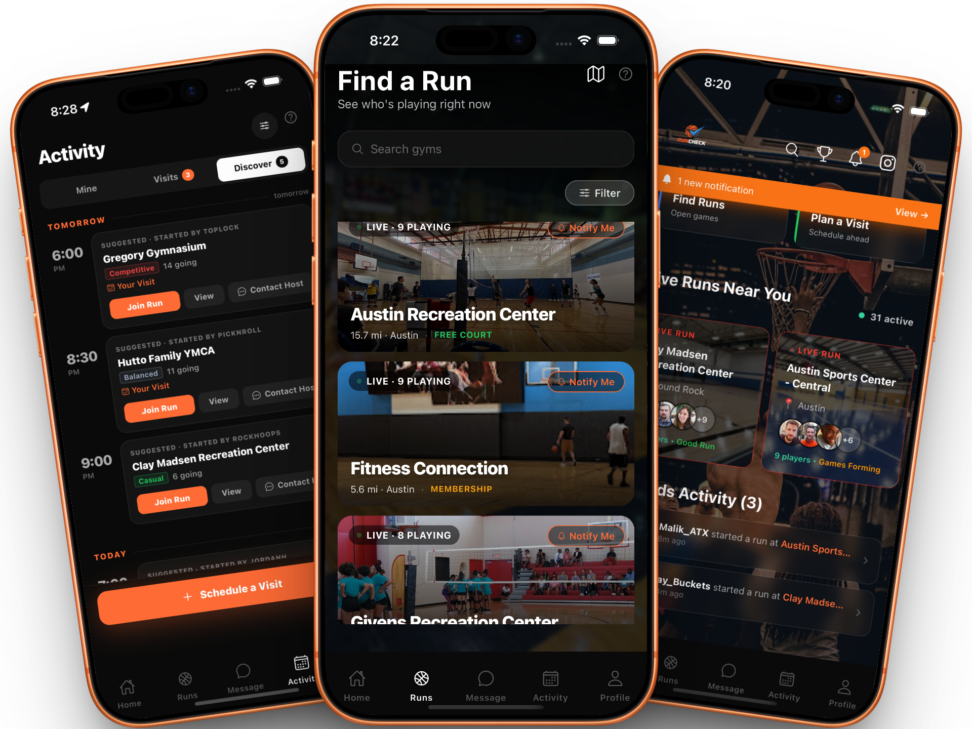 RunCheck app — activity schedule, find a run, and home screens