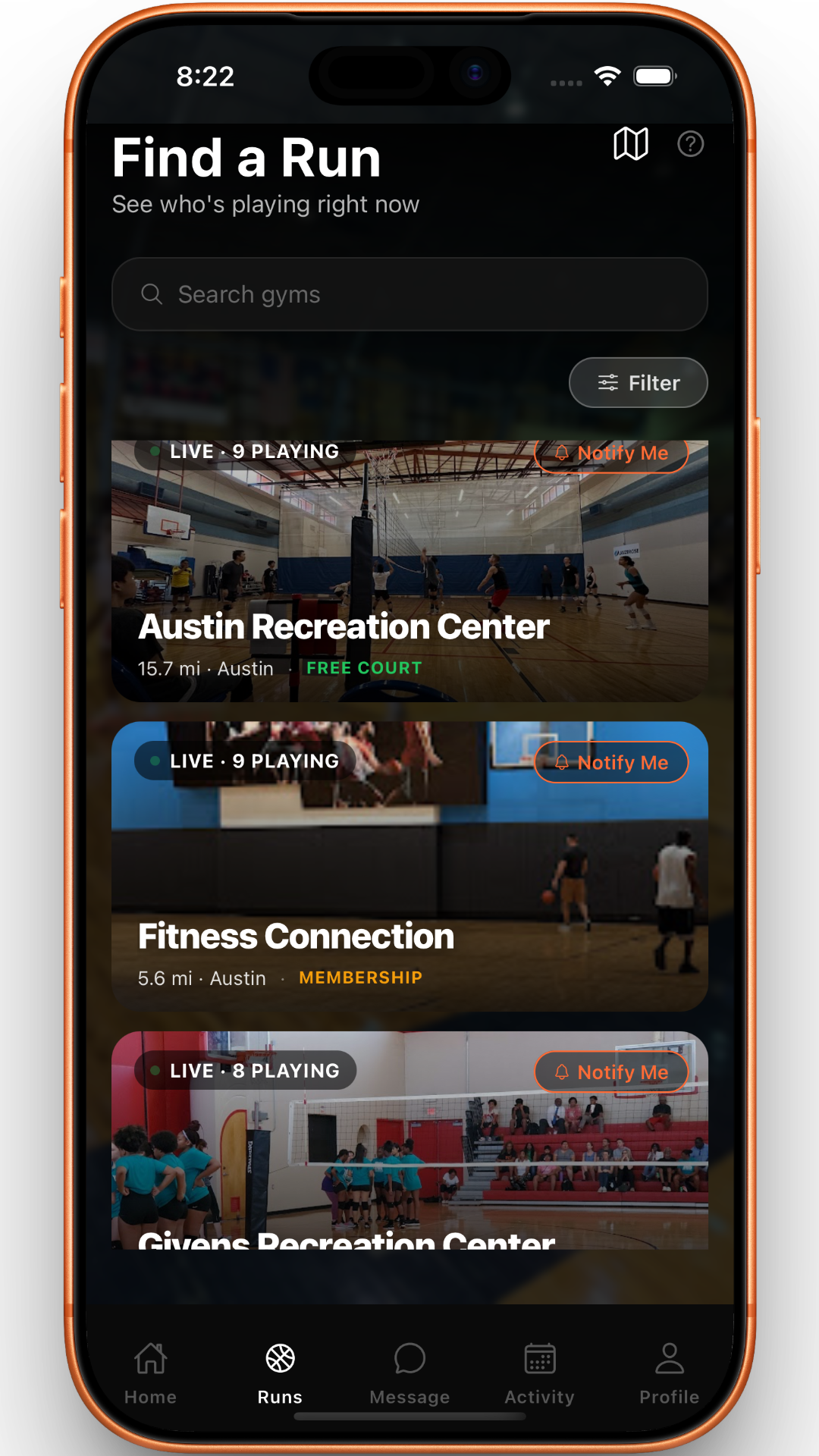 RunCheck — Find a Run screen